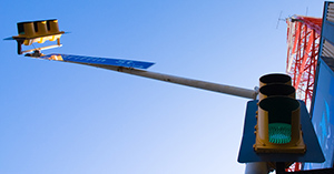 Looking up at a traffic light at Griffin Street